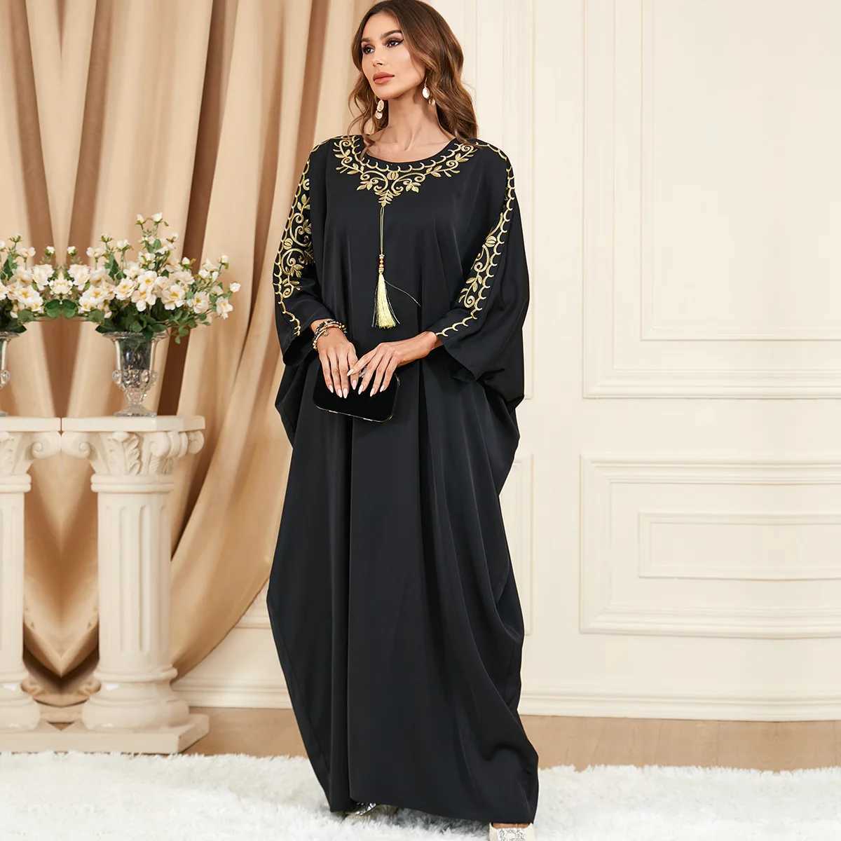 Modest slim Batwing Sve Tassel Embroidery Ktan Apricot Corban Eid Al Adha Party Evening Dress Moroccan Turkey Dubai Abaya W250310