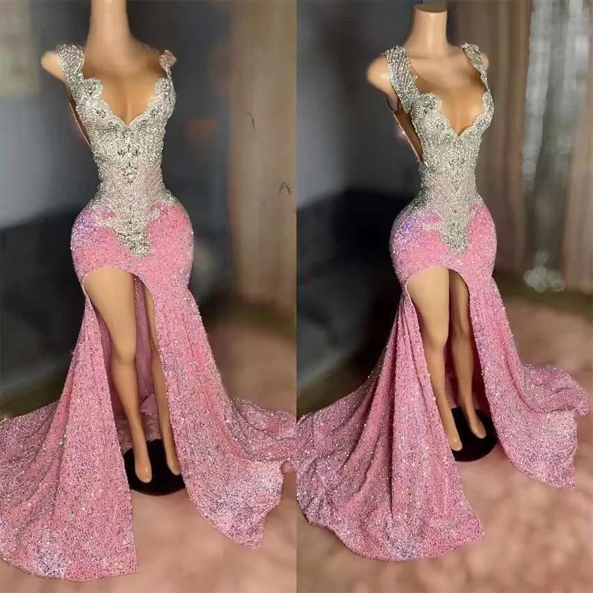 Sparkly Pink Dias Long Mermaid Prom Dresses Glitter Crystal Beading Sequins Evening Gown Side Split Robe Customized 6660310