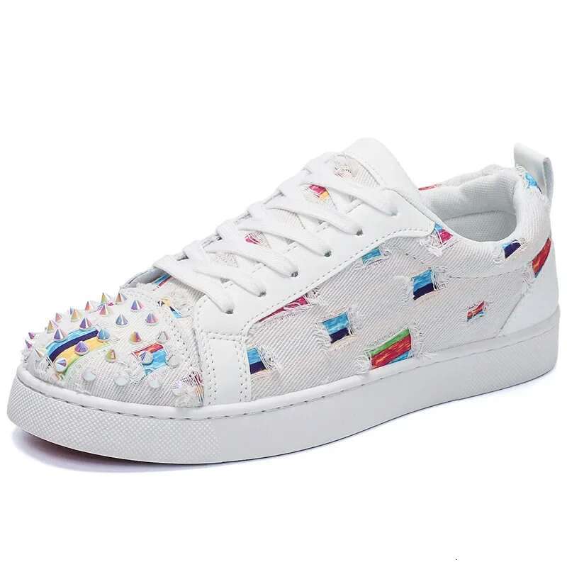 2025 New Sports and Leisure Men's Designer Rivet Punk Board Fashion Leather Canvas Breathable Height Increase Flat Shoes White Shoes Trendy Casua