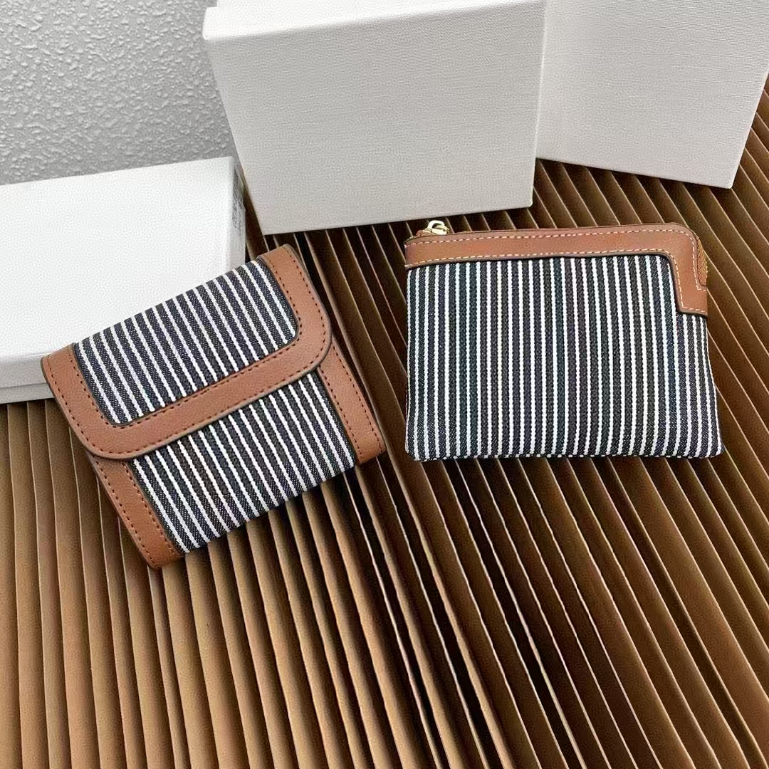 Stylish Navy Blue Stripes Wallets Real Cow Leather And Canvas Coin Cards Holders Case Key Ring Clip Money Zipper Pocket Purses And Handbag Clutches Folded Wallet 3114