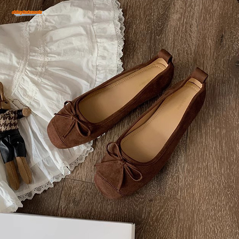Grape Mom Ballet Style Bow Square Round Head Soft Suede Shallow Mouth Single Shoes Women Mary Jane Four Seasons Red Flat Bottom ddmykukumalu