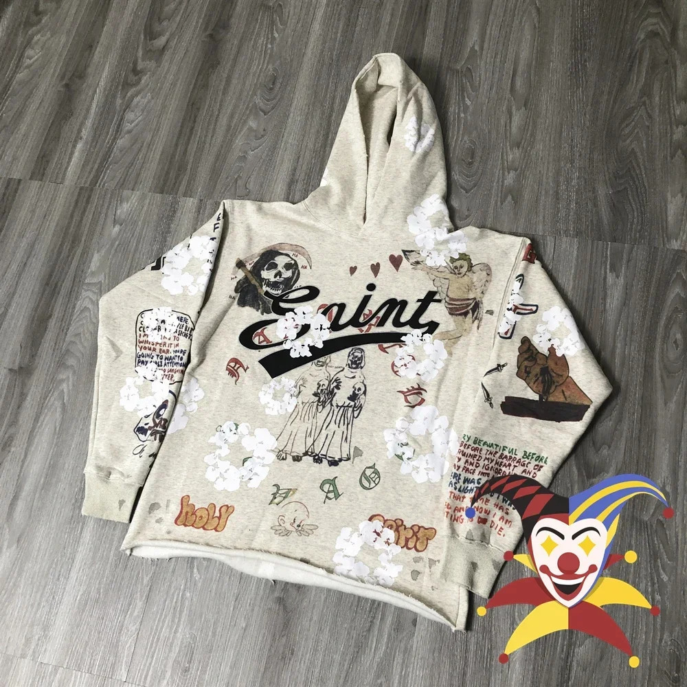 SAINT Graffiti Retro Printed Vintage Clothing Streetwear Loose Pullover Tops Hoodies For Men 250310