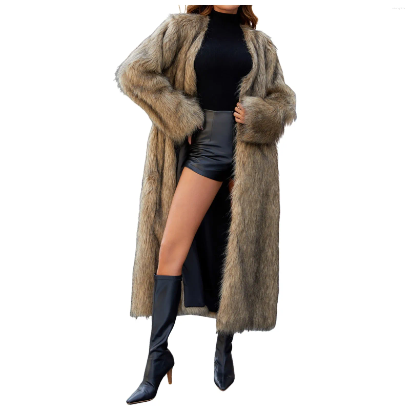 Women's Trench Coats Winter Faux Fur Long Coat For Women Warm Plush Jackets Casual Open Front Sleeve Outerwear Elegant High End Ladies