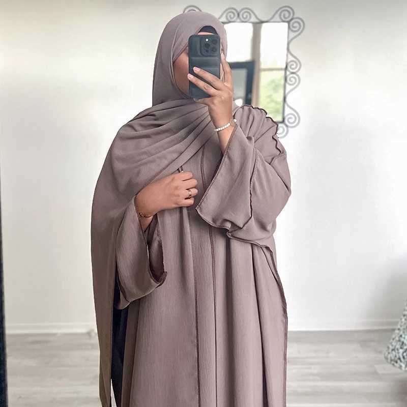 Three Piece Abaya Set With Hijab Free Belt Jazz Crepe Kimono Sveless Under Dress EID Ramadan slim Women Islamic ClothingXJ250310