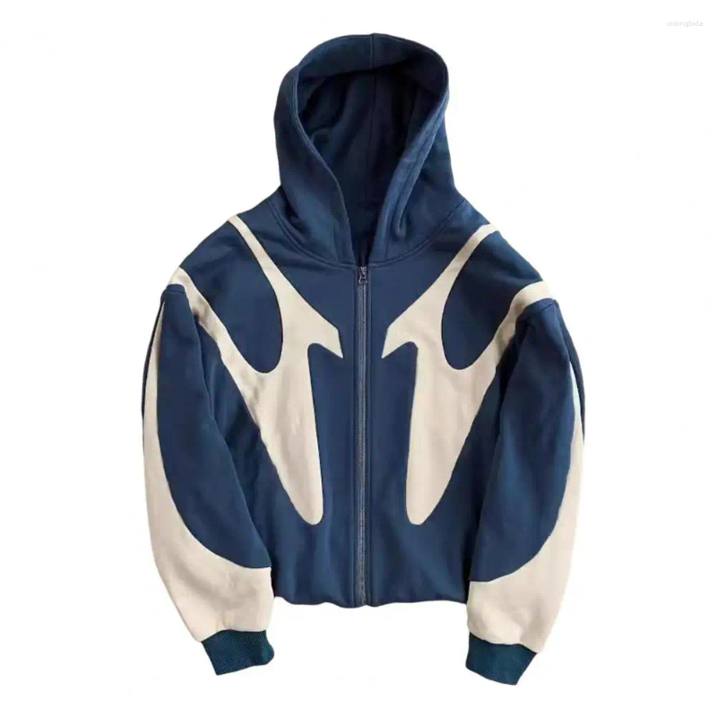 Fleece Hooded Patchwork Coat: Long Sleeve Zipper Windproof Sports Jacket, Mens Fur Lined Winter Jackets with Pockets