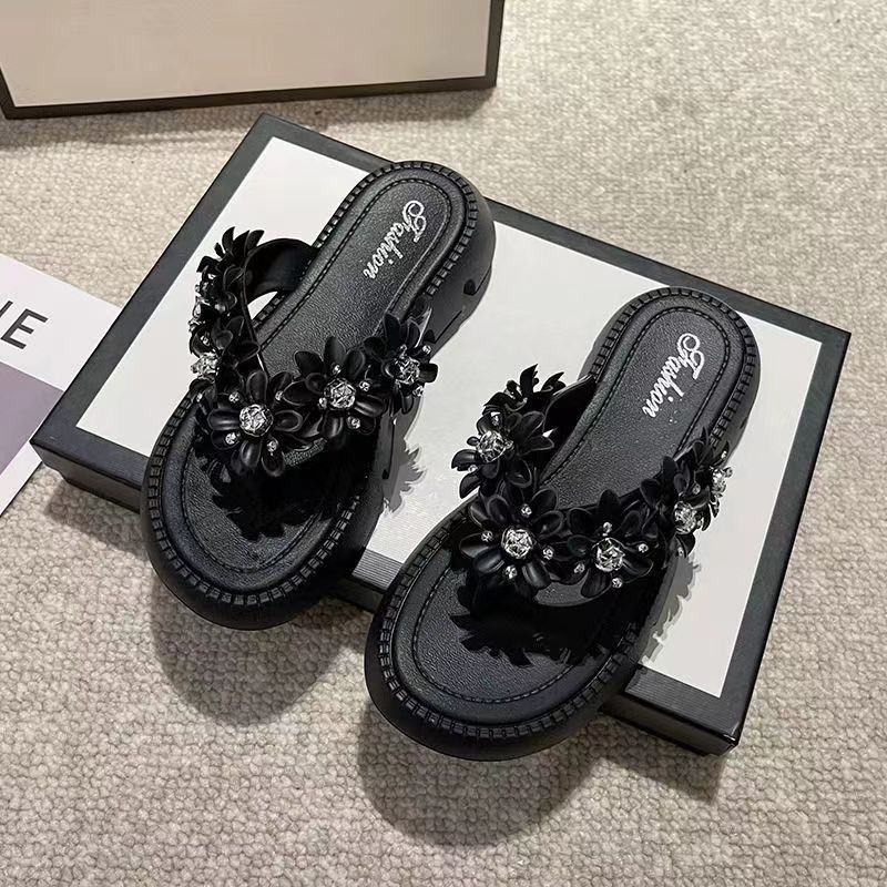 Free shipping new designer slippers fashion Platform comfortable Sparkling rhinestone flip flops size eur 36-41 for womens daily Wearing outside black