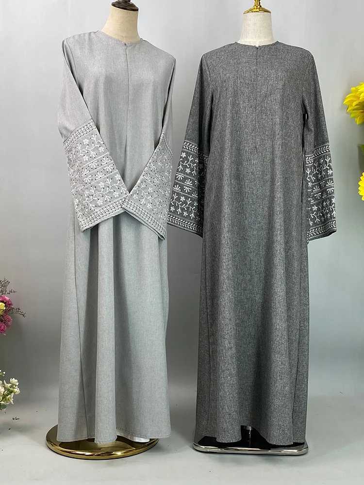 New Linen slim Abaya Sve Embroidery Clothing Dubai Turkish Spring summer Daily Fe Dress Moroccan Ktan Women RamadanXJ250310