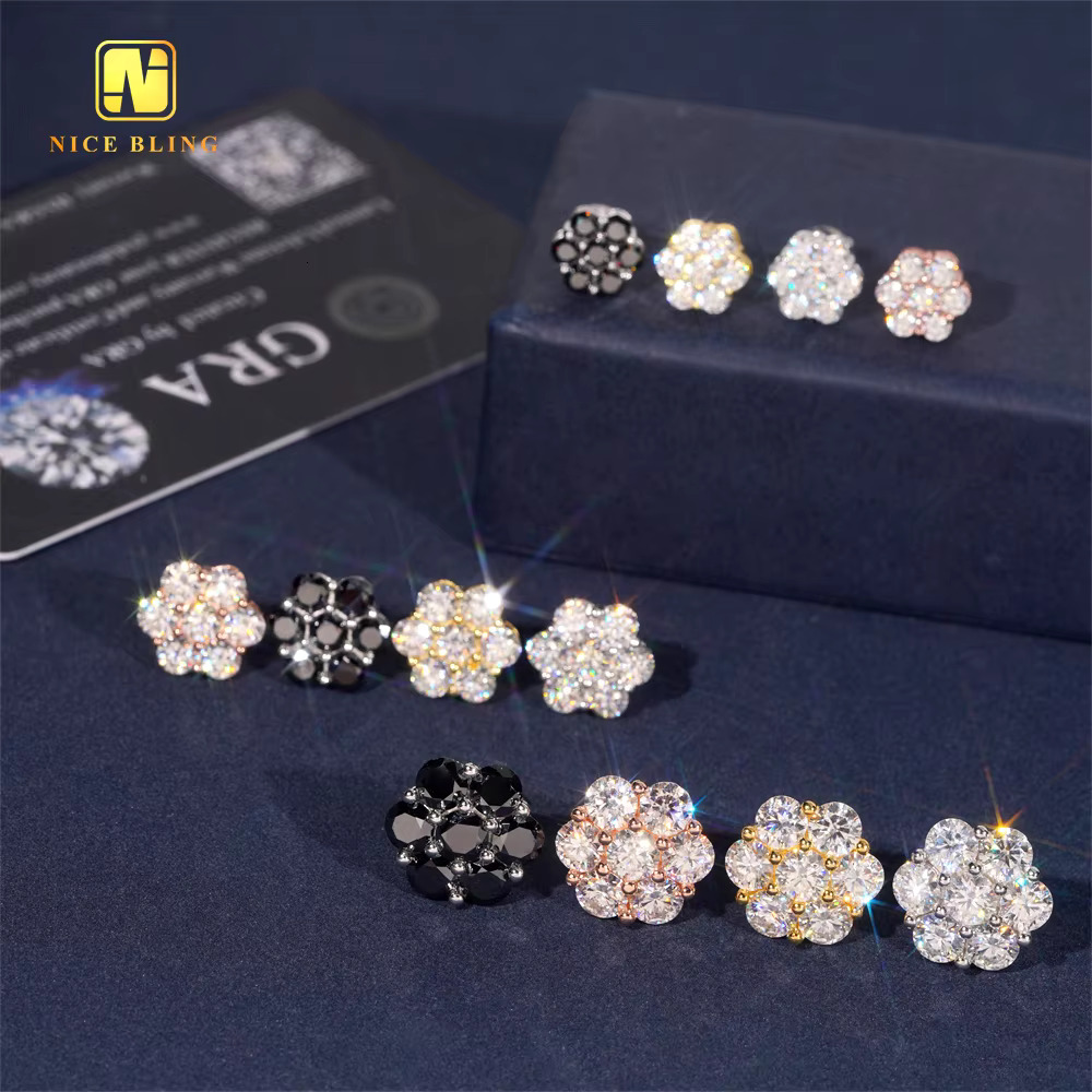 9mm 12mm 15mm Fashion Cluster Screw Back Ear Studs Iced Out Hip Hop Jewelry 925 Silver VVS Moissanite Stud Earring for Women