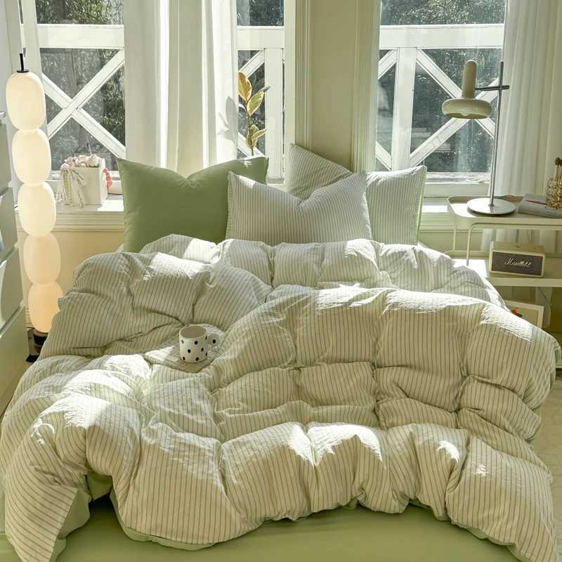 Pure Cotton Home Textile Striped Bedding Set Simple Soft Duvet Cover Sheet case Ins Style Bed Linens Queen King Size 2025C250310