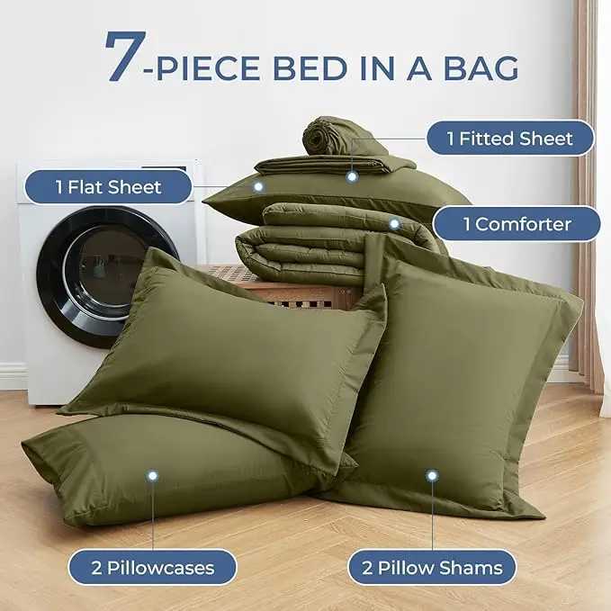 7 Pieces Bed in a Bag Queen Complete Bedding Set Includes Comforter Flat Sheet Fitted Sheet cases and Shams Ol W250310