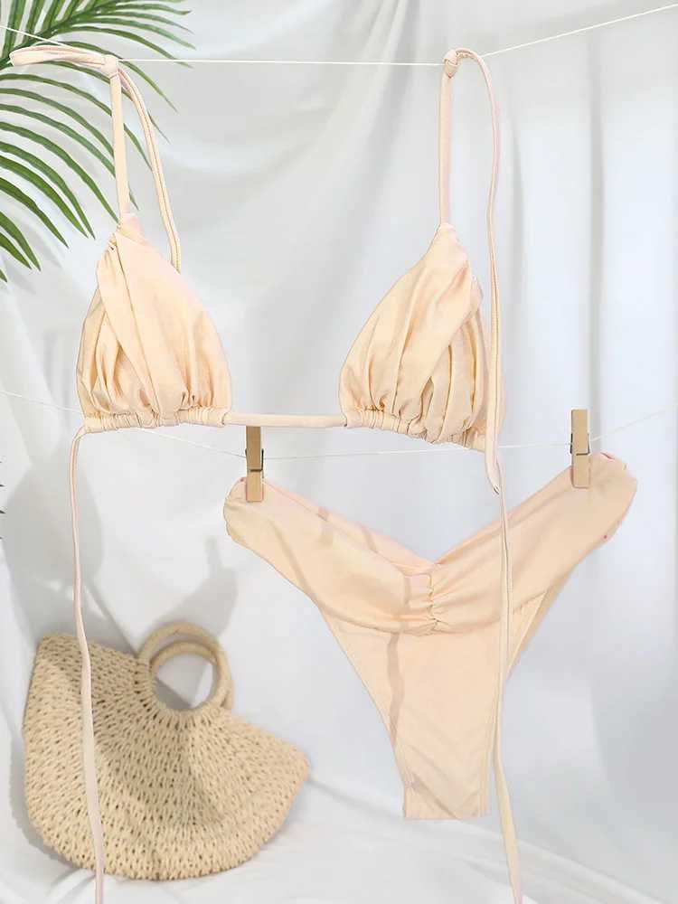Sexy Folds Bikini Set Solid Micro Bikinis Women Swimsuit Female Triangle Swimwear Beach Wear Bathing SuitT250602