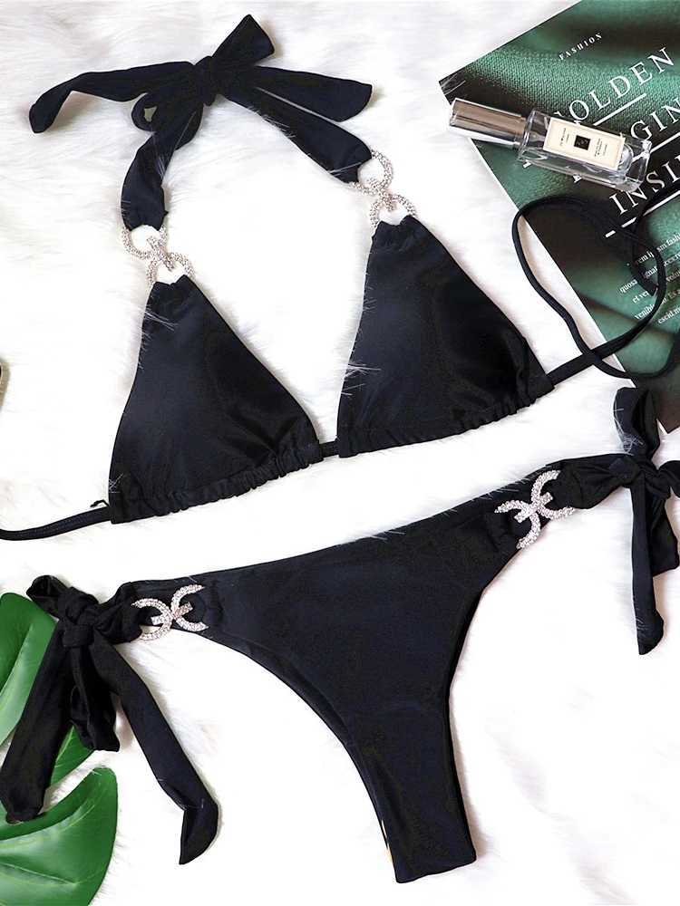 Luxury Rhinestones Bikin 2024 New Women Solid Red Blue Bandage Cross Diamond Thong Swinsuit Beach Bathing Suit Swimwear BiquiniT250310