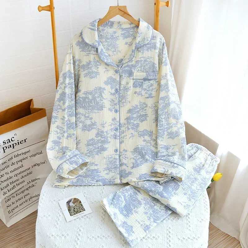 100% Cotton Gauze Women Pajamas Sleepwear Female 2 Piece Set Ink Painting Printing Nightwear Pyjamas Home Clothes LoungewearC250310