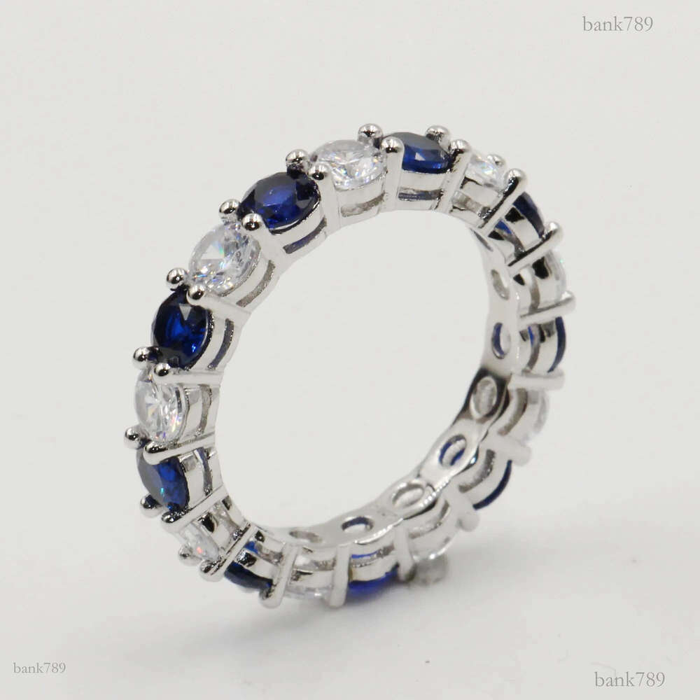 Wholesale Lots Of Stock Sparkling Fashion Jewelry Real 925 Sterling Silver Blue Sapphire CZ Diamond Stack Wedding Band Ring For Women