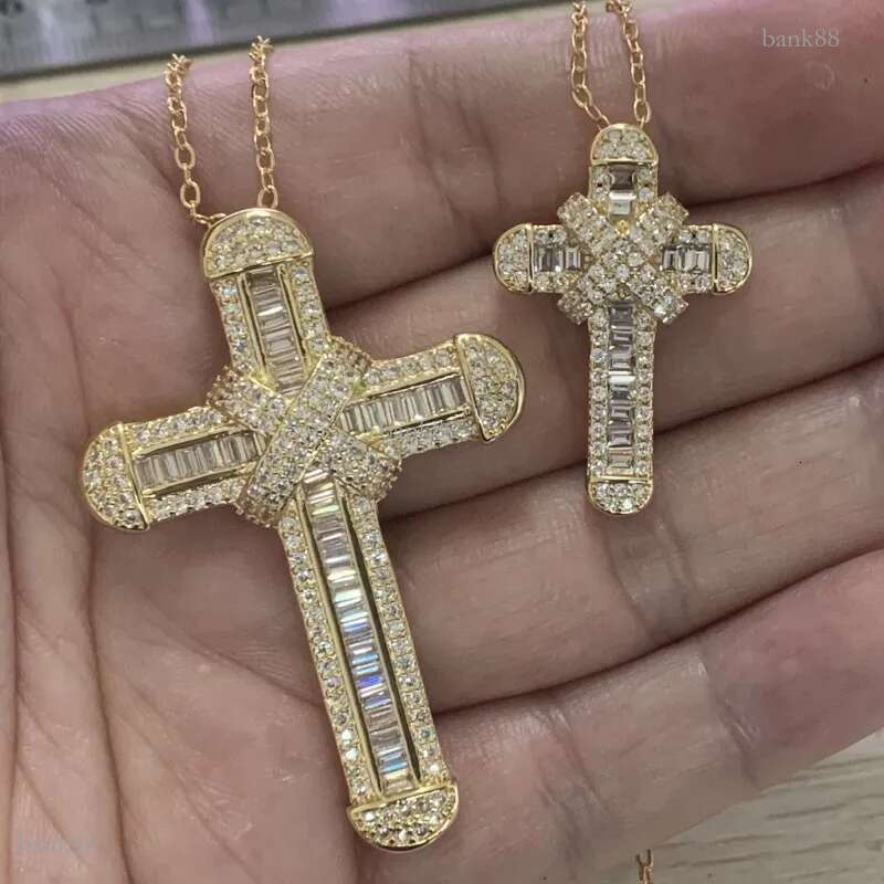 New Sparkling Handmade Fine Jewelry 925 Sterling Silver&Gold Fill Large Small Cross Pendant Christianity Party Clavicle Women Necklace