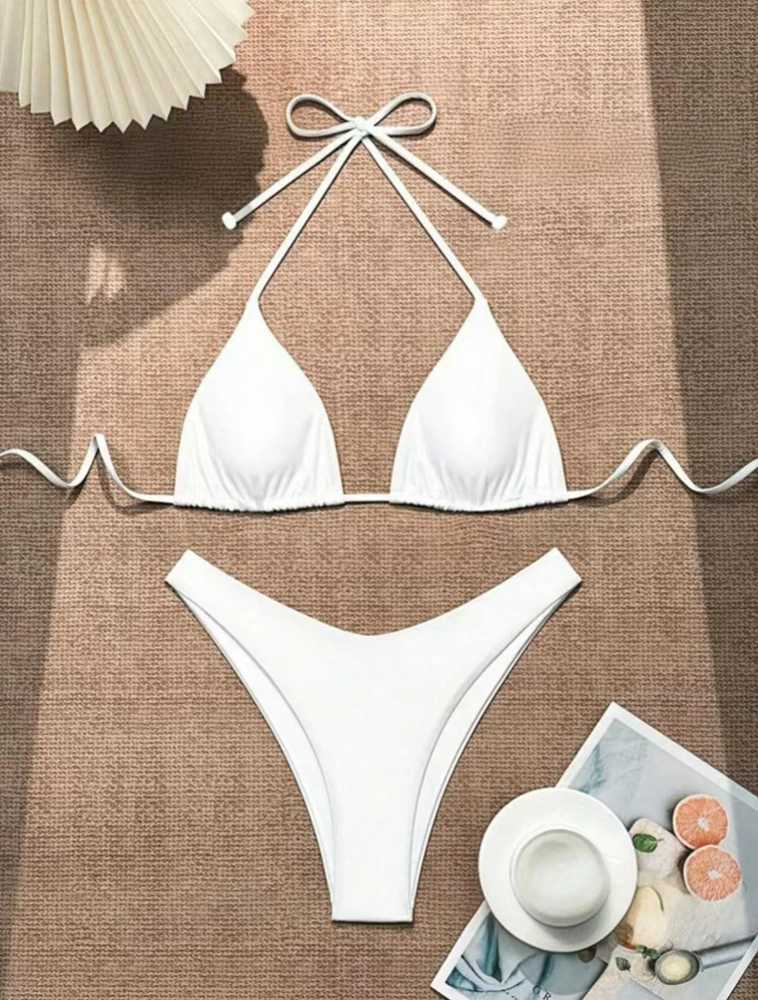 2025 Women White Bikini Chest Padded New Sexy Halter Bikini Two-Piece Set With Drawstring Straps Solid Brazilian Bathing SuitT250602
