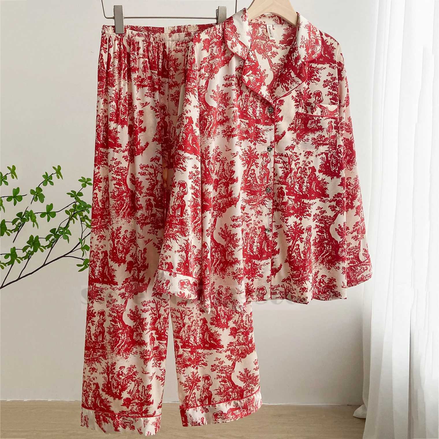 Fashion Print Flower 2PCS Pajamas Set Women Sleepwear Spring Summer Trouser Suits Lounge Wear Loose Satin Homewear Pijamas SuitC250310