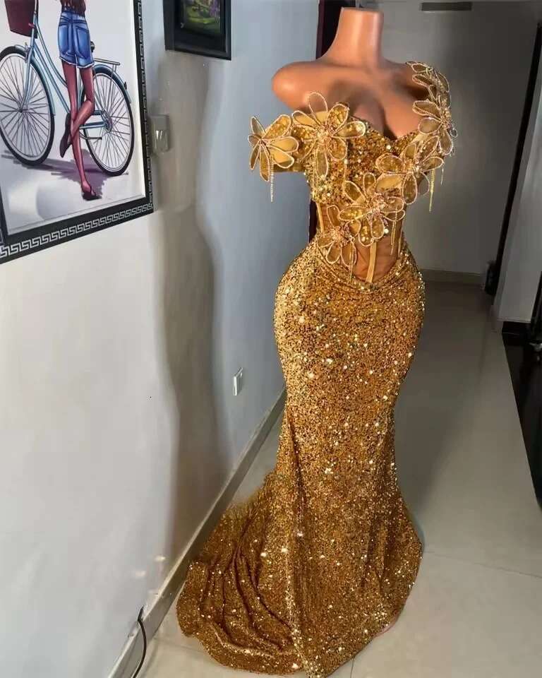 Sparkle Golden Aso Ebi African Prom Dresses Ruched Off The Shoulder Mermaid Formal Evening Party Gowns 2025 Customized 6660310