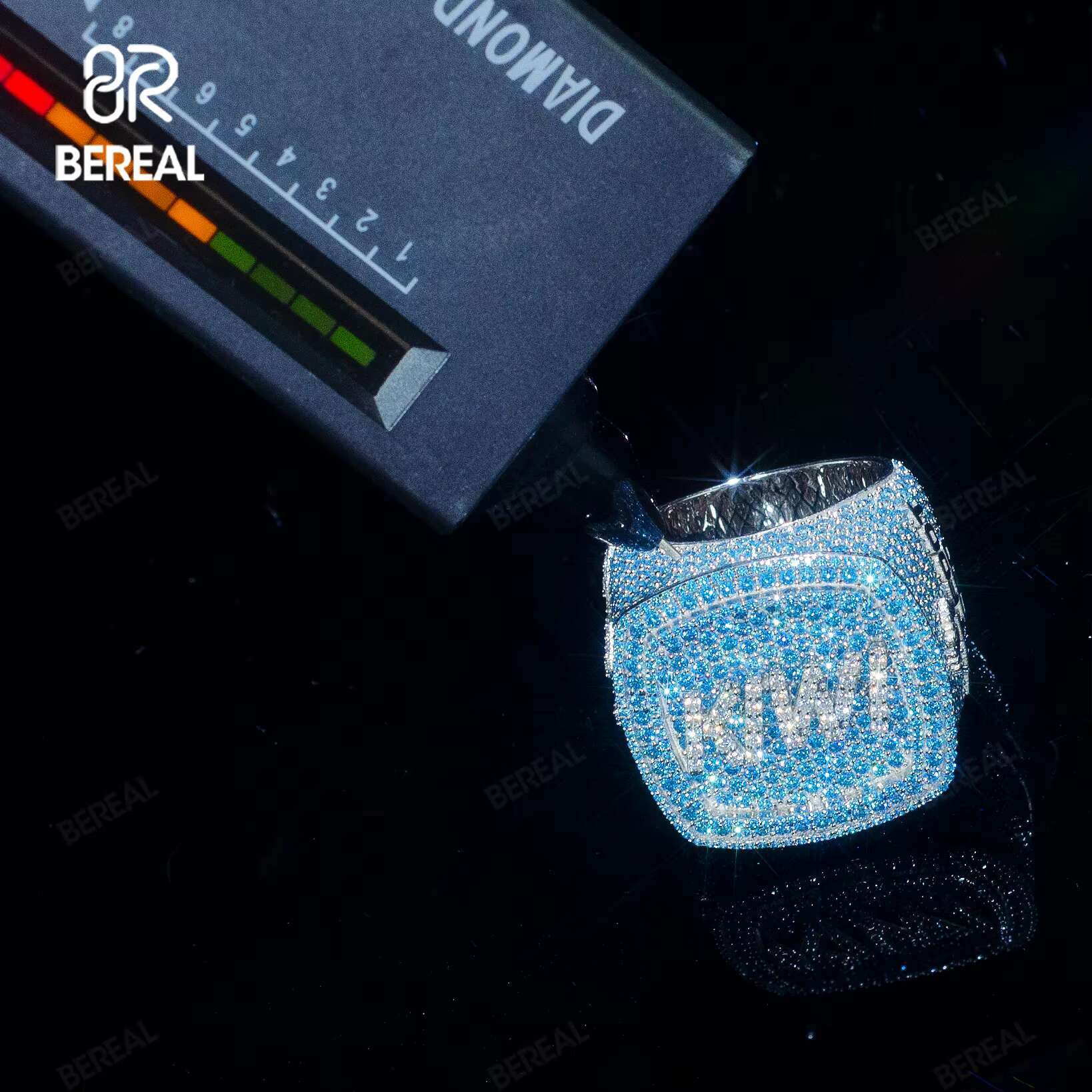 Custom Letter Vvs Iced Out Blue Moissanite Hip Hop Ring Pass Dia Test Sier Gold Plated Fine Jewelry Rings Men
