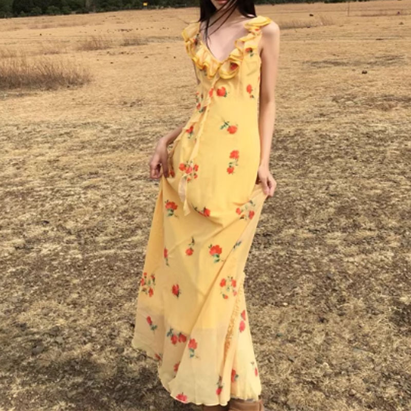 Casual Dresses Elegant Women Floral Print Sleeveless Strap Long Dress Summer Ruffles Split Party Dress for Club Streetwear 230505