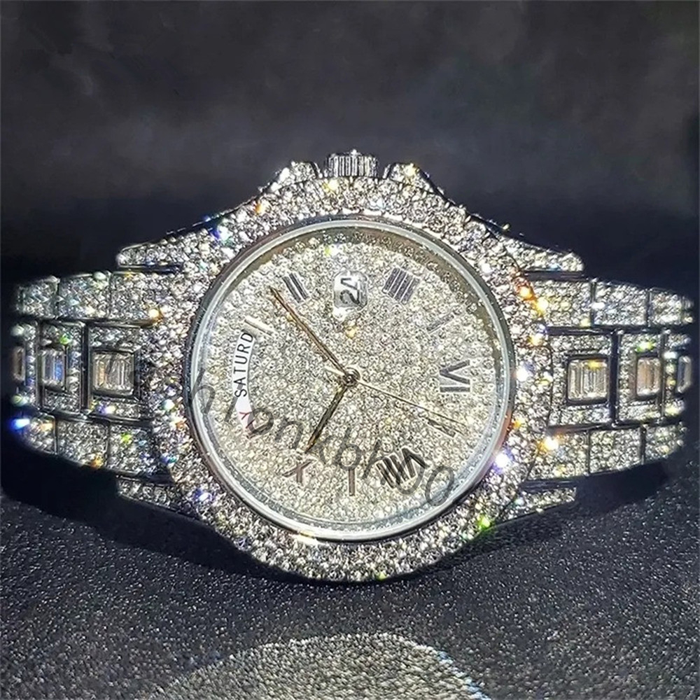 Moissanite watch, custom luxury jewelry fully automatic movement watches, high quality handmade stainless steel sapphire mens watch, free delivery