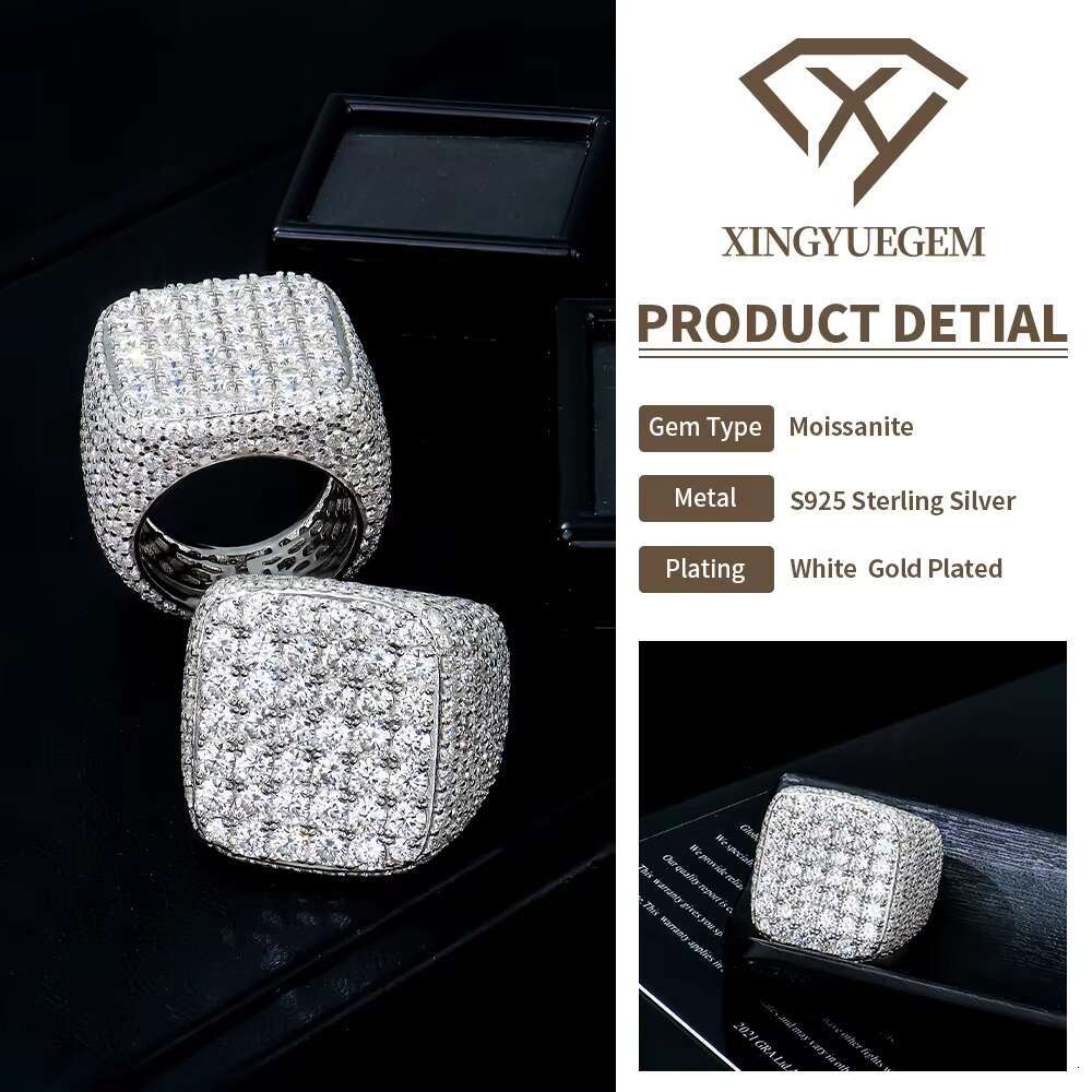 Moissanite Iced-out Square Ring Sterg Sier White Gold Plated Factory Wholesale Vvs D Hip Hop for Men Pass Dia Test