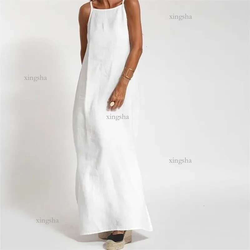 Women Cotton Linen Side Split Long Slip Dress Summer Lady Strapless Solid Color Holiday Party Dresses Fyy10080 Y24
