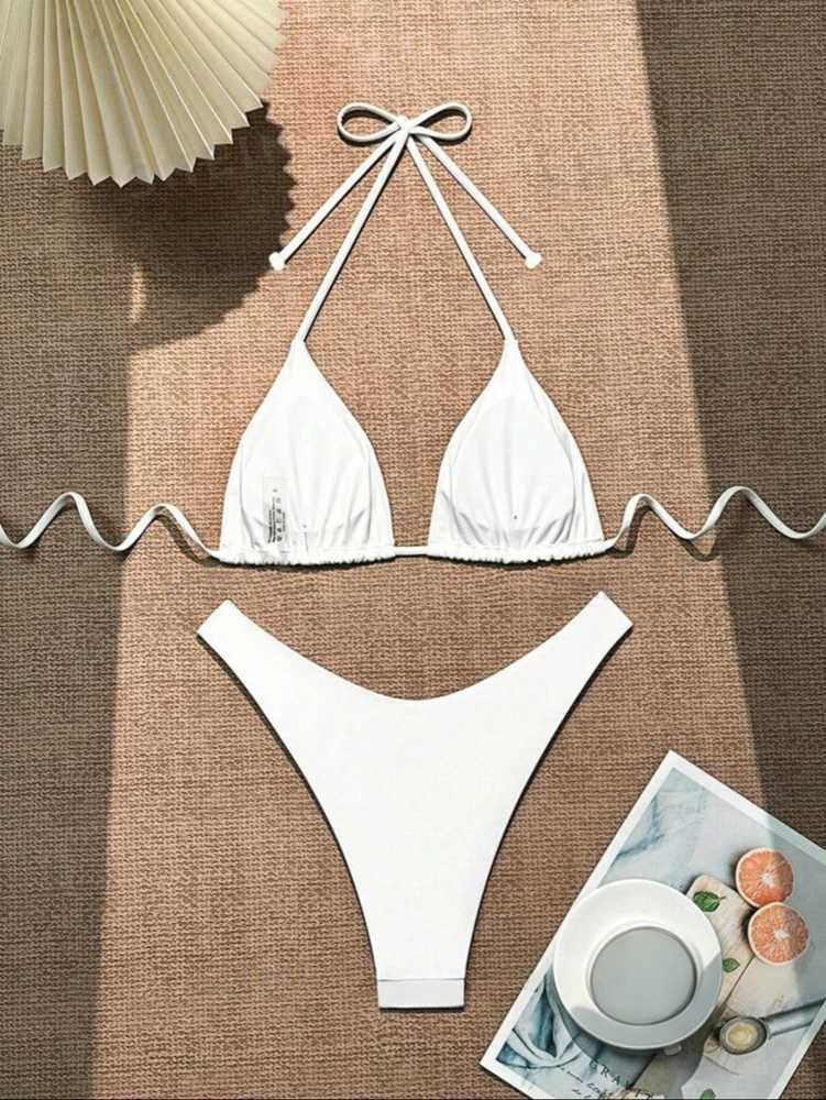 2025 Women White Bikini Chest Padded New Sexy Halter Bikini Two-Piece Set With Drawstring Straps Solid Brazilian Bathing SuitT250602