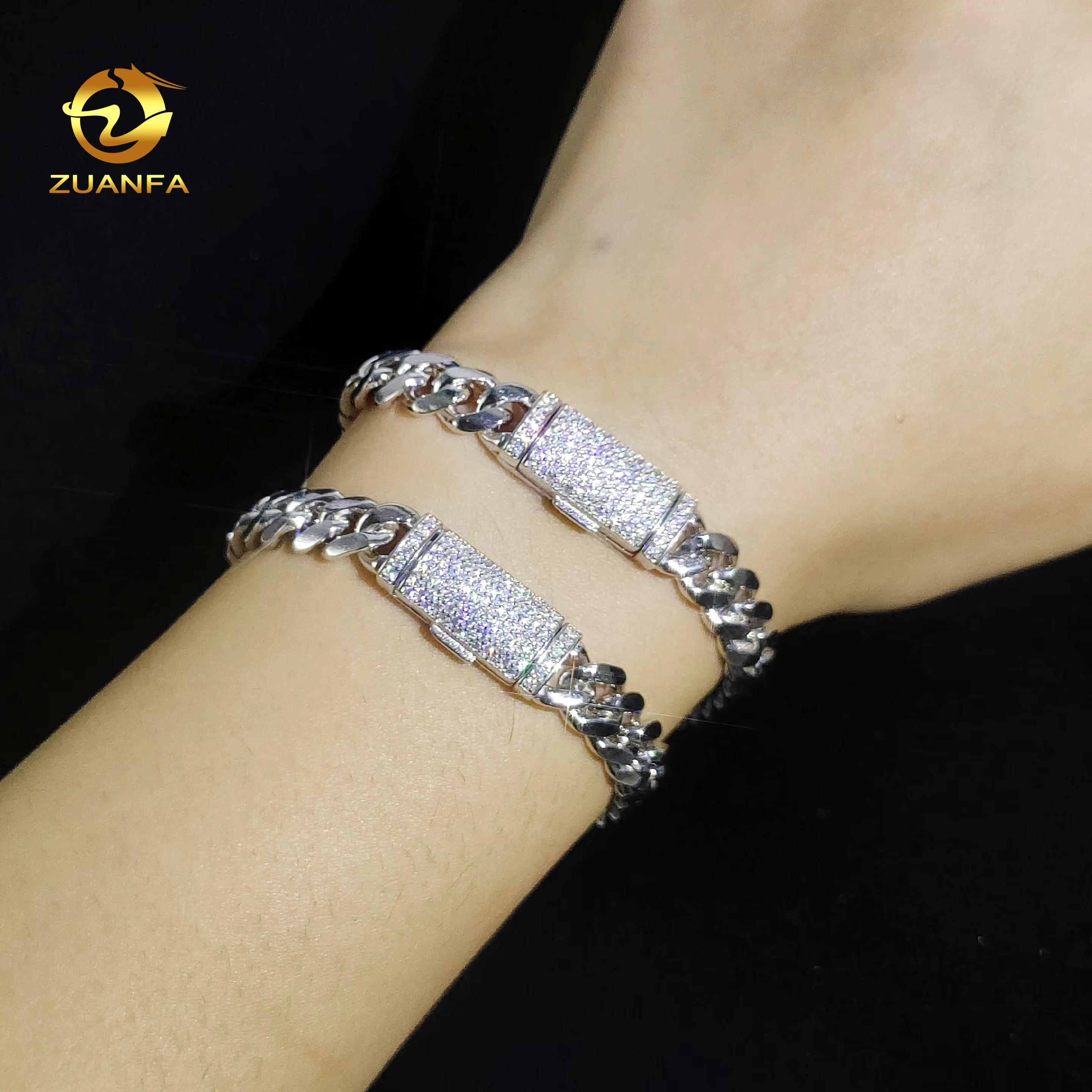 Zuanfa VVS Moissanite Diamond Clasp 8mm Wide Solid Silver Cuban Chain White Gold Plated Mens Hip Hop Fashion Necklace Bracelet
