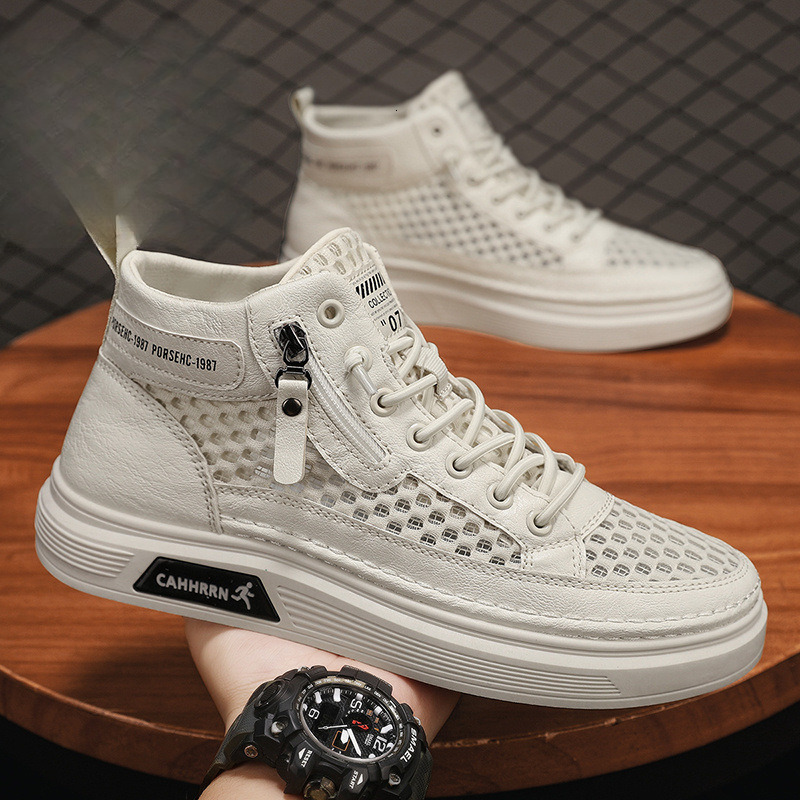New Breathable Mesh High Top White Shoes For Men In The Summer Of 2025 Fashionable Designer High quality Board Shoes Lightweight Casual Shoes Sports J