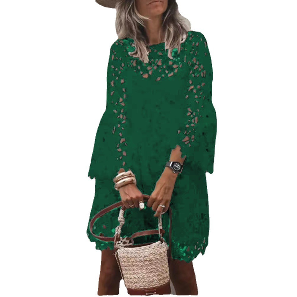 Women Dress Flare Sleeve Perspective White Girls Summer Long Plus Size Lace es 210513