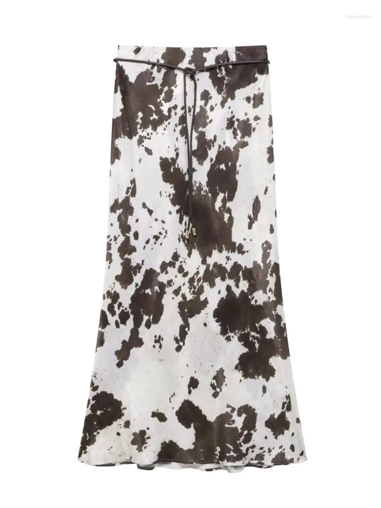 Skirts Print Women Midi Skirt With Belt High Street Style Spring Fashion Silk Textured Casual Sexy Button Womens