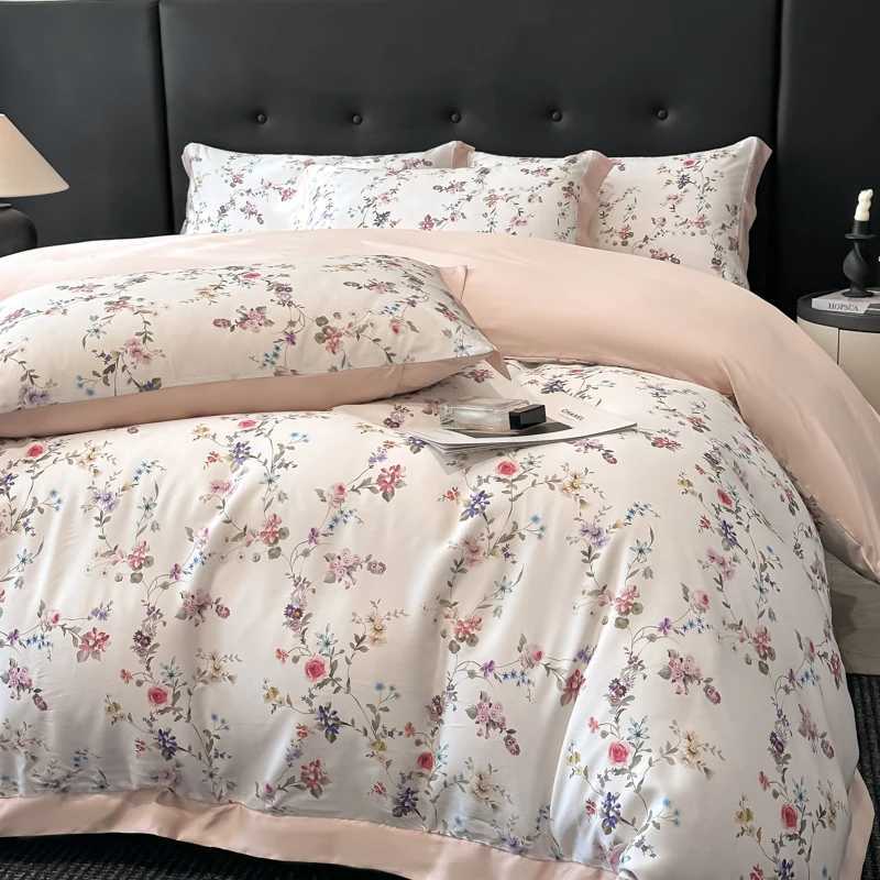 4Pcs Lyocell Bamboo Fiber Soft Silky Cool Feeling Floral Plant Prints Bedding Set Duvet Cover Bed Sheet/Fitted Sheet casesC250310