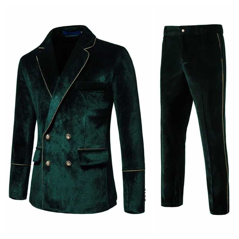Dark Green Men Tuxedo Velvet Suits 2Pcs For Party Stage Performance Gold Trim Wedding Prom Banquet Mens Set Jacket Dress Blazer W250310