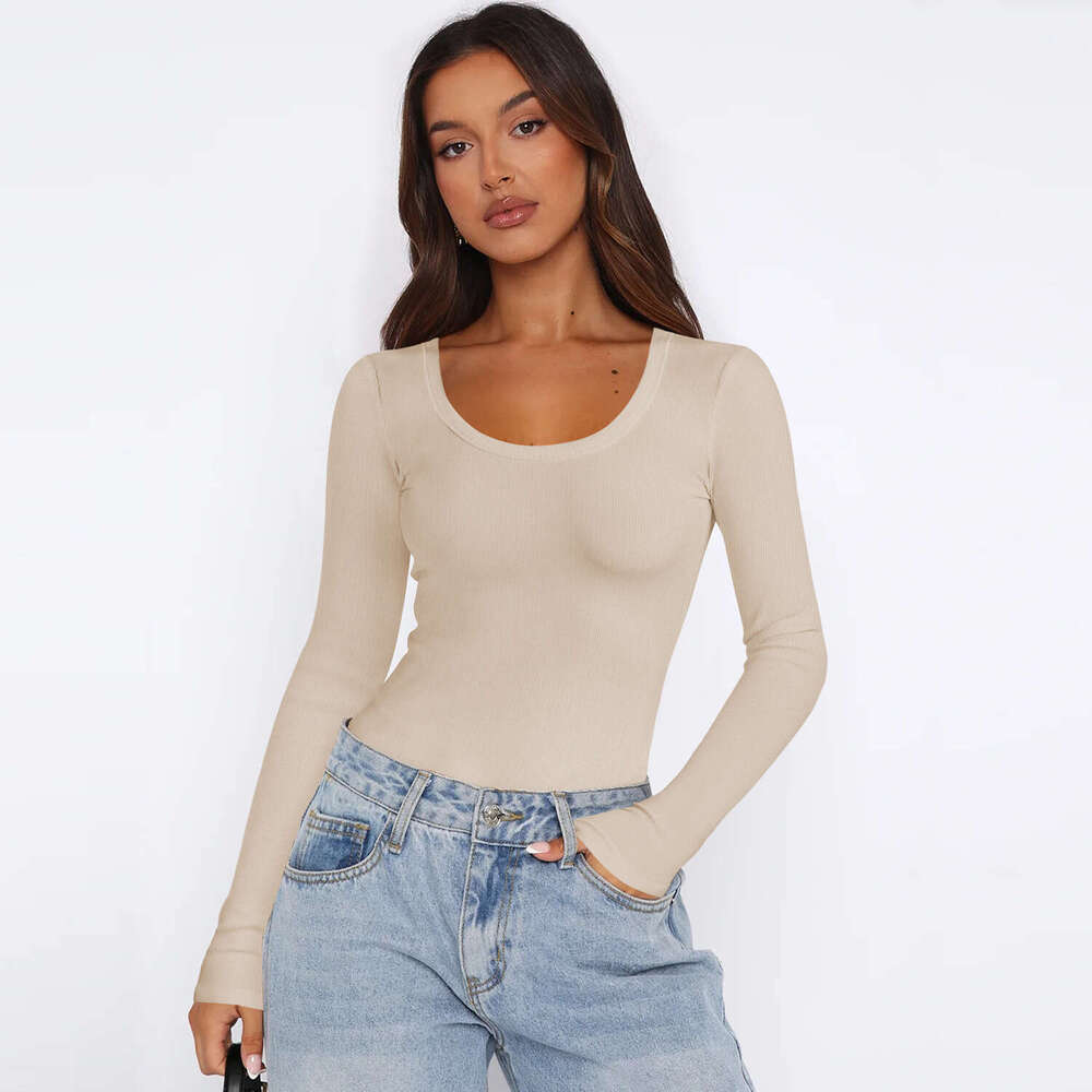 2024 New Solid Color Thread U-Neck Bottom Y2K Clothing Slim Fit T-shirt Women's Summer Shoulder Top