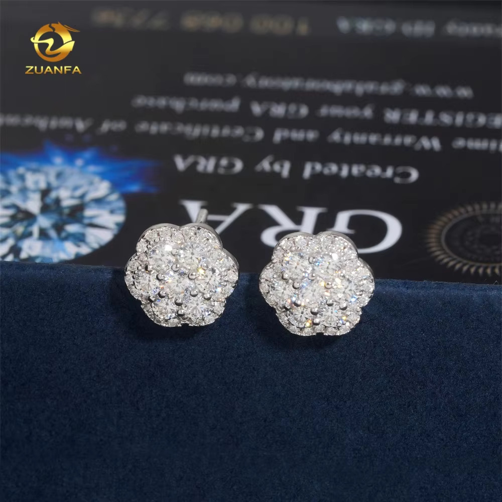 Hot Sale High Quality Cheap Price Hip Hop Style Iced Out 925 Silver Flower Cluster Men Moissanite Earrings