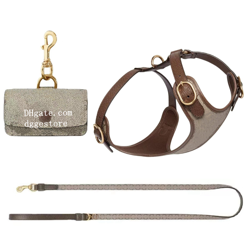 free shipping Designer Leash Set with Poop Bag Dispenser Soft Leather Adjustable and No Pull Dog Harness Collar for Small Medium Dogs ic Letter Patter