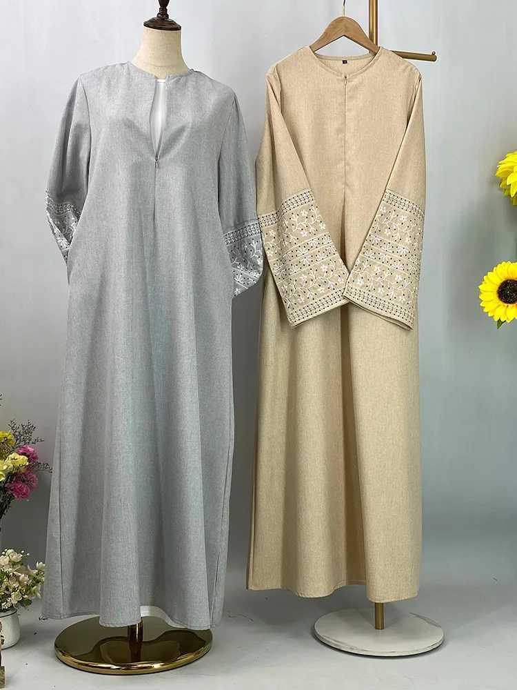 New Linen slim Abaya Sve Embroidery Clothing Dubai Turkish Spring summer Daily Fe Dress Moroccan Ktan Women RamadanXJ250310