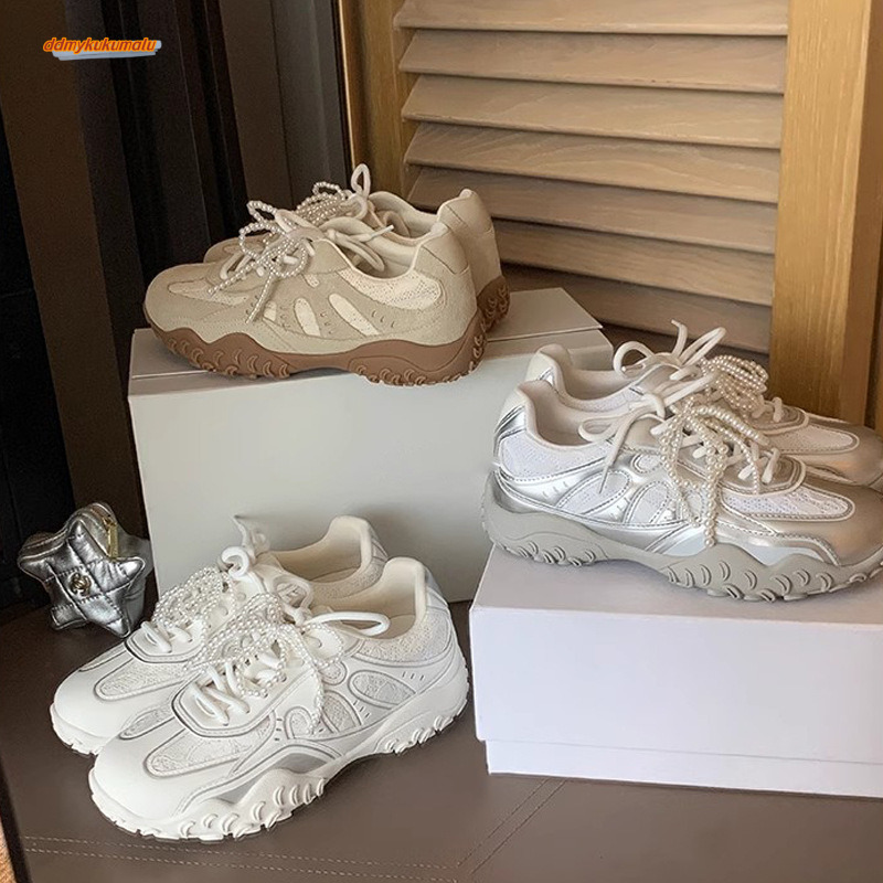 2025 Spring Soft soled Crescent Bottom with Increased Height Lace Pearl Leisure German Training Women's Forrest Gump Shoes ddmykukumalu
