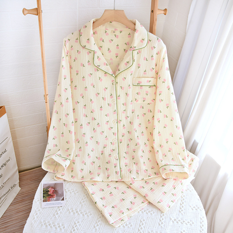 X151-Long-sleeved pajamas for women in spring and autumn, crepe home floral lapel double-layer gauze pajamas set