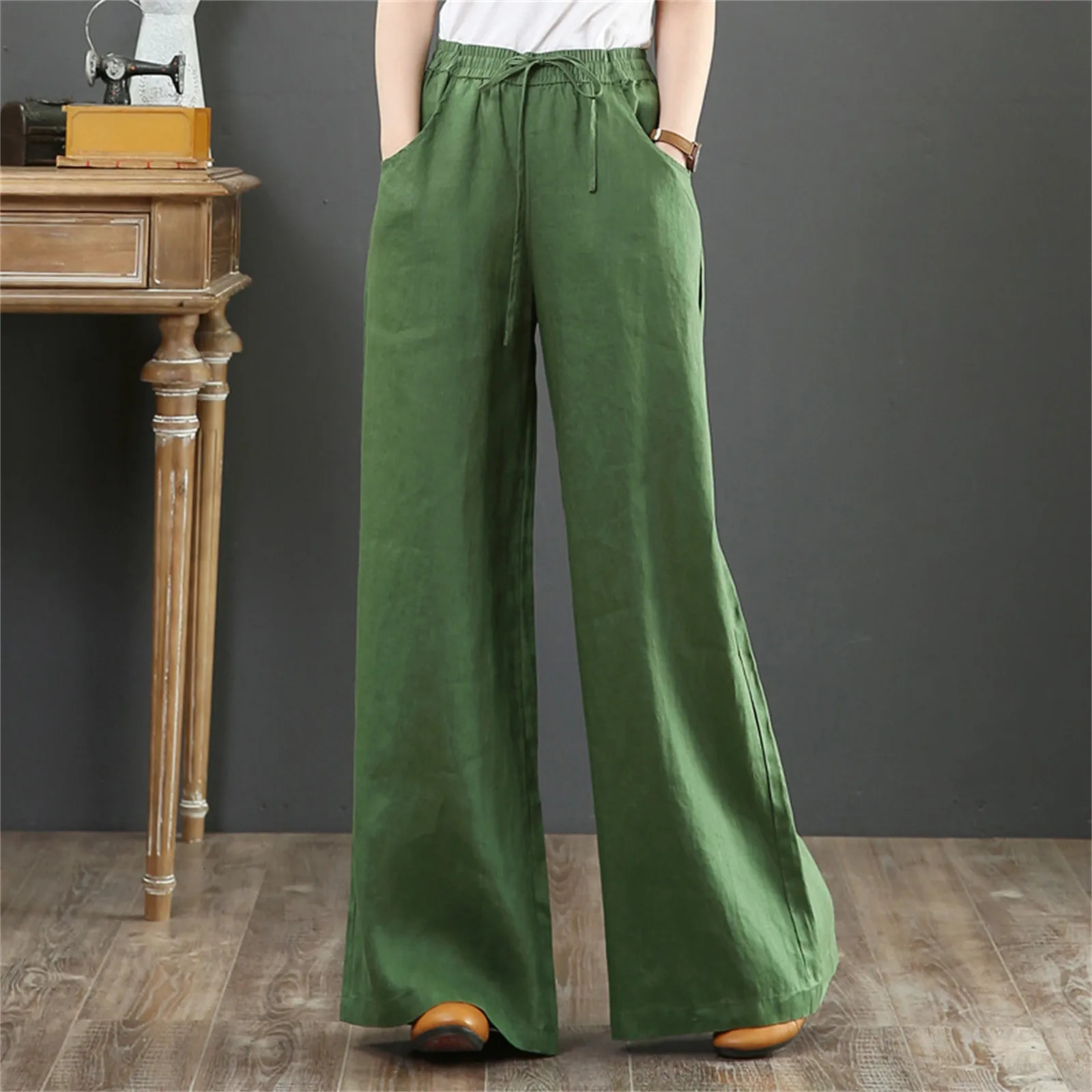 Lady Orange High Waisted Floor Length Trousers Women Drawstring Wide Leg Pants With Pocket Solid Color Loose Fit Female Pants 250305