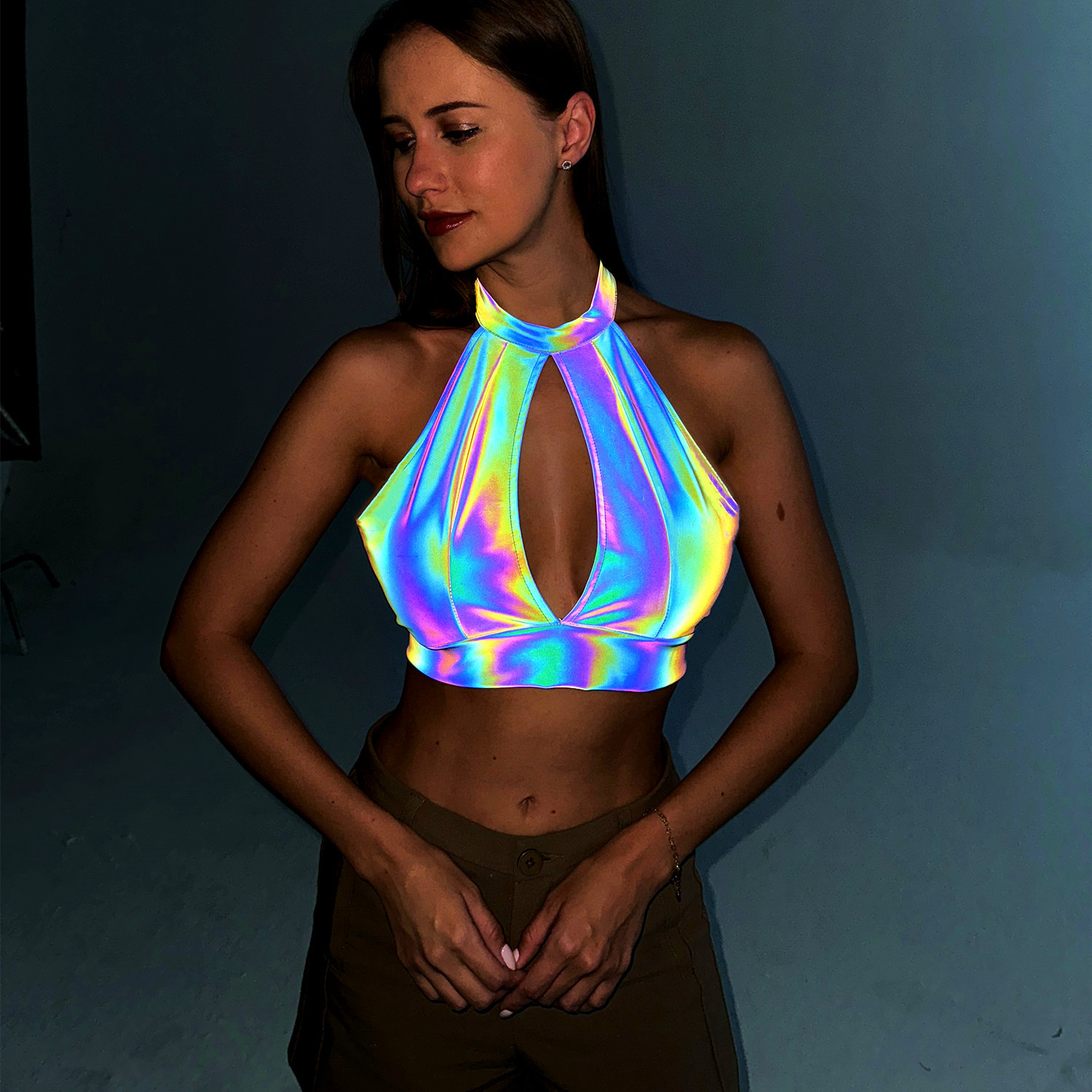 Women's Tanks Reflective Colorful Halter Camisole Sexy Crop Top Y2K Streetwear