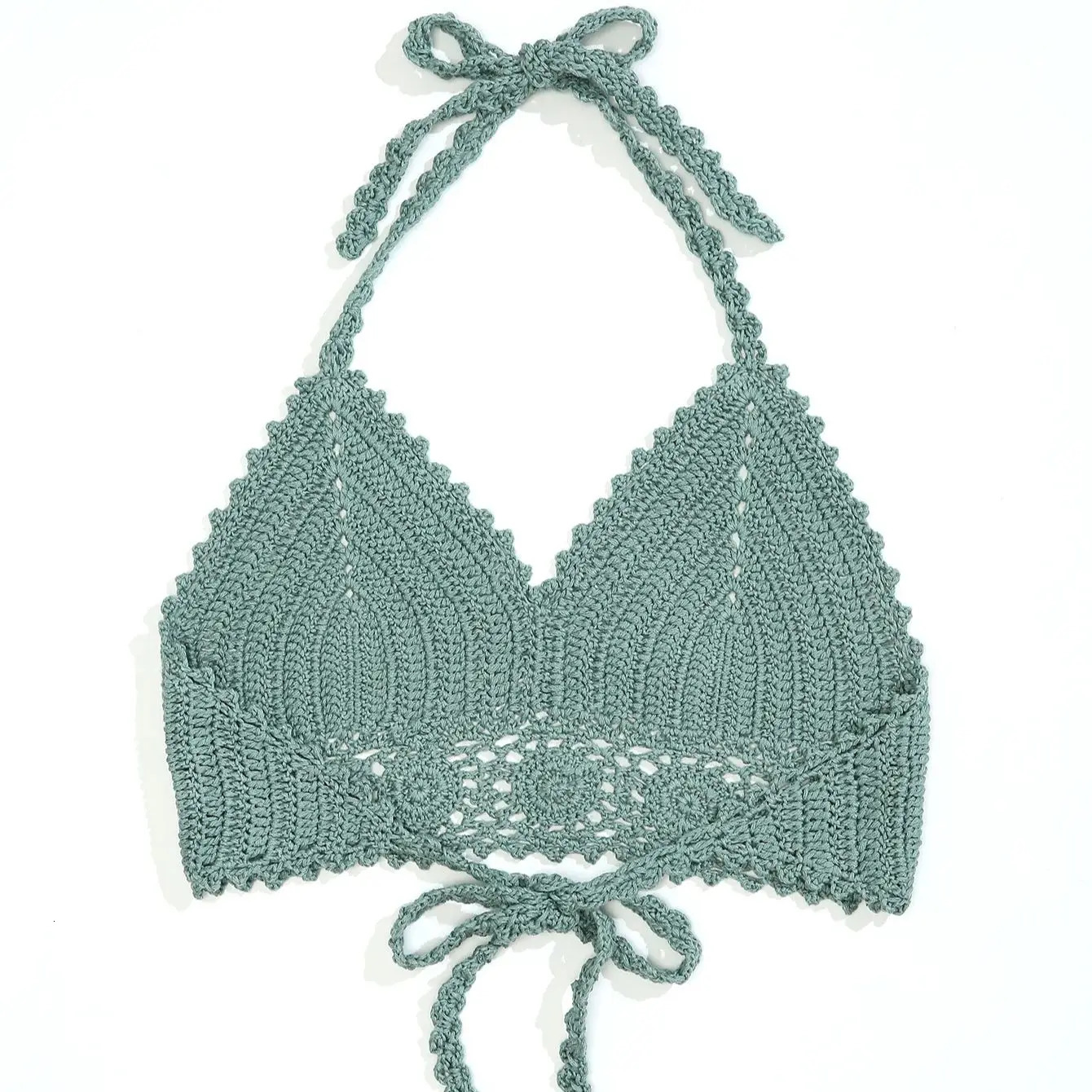 Handmade crocheted hollow bikini beachwear womens beach vacation lace up swimsuit solid color sunbathing suit 250305Z