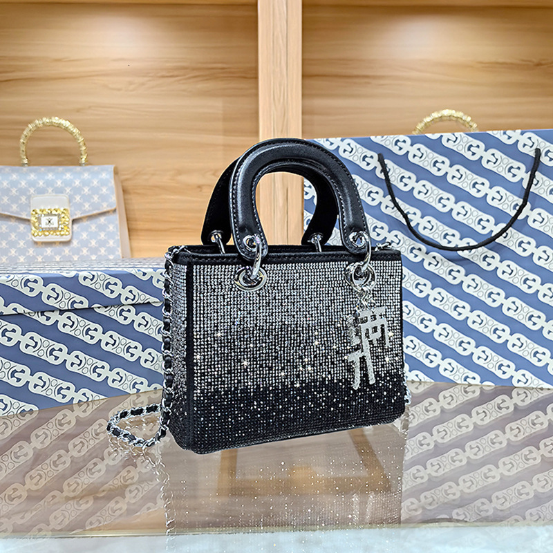 Free Shipping New Designer Bag High-quality Gradient Rhinestone Handheld With Flying Chain And Slanted Small Square Bag Fashionable Handbag