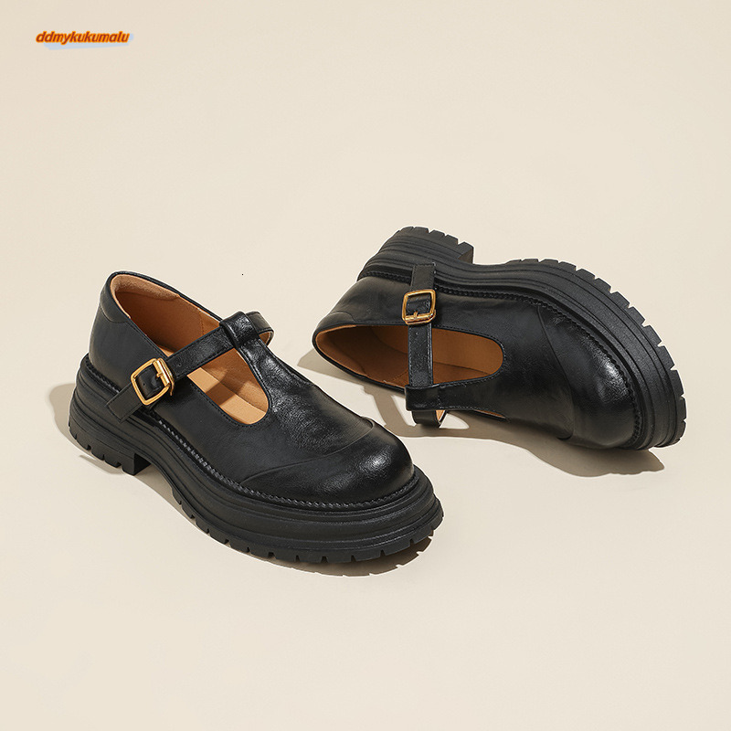 2025 Spring/Summer Thick soled British style Small Leather Round Head Mary Jane Hepburn Style T-shaped Strap Single Shoes for Women ddmykukumalu
