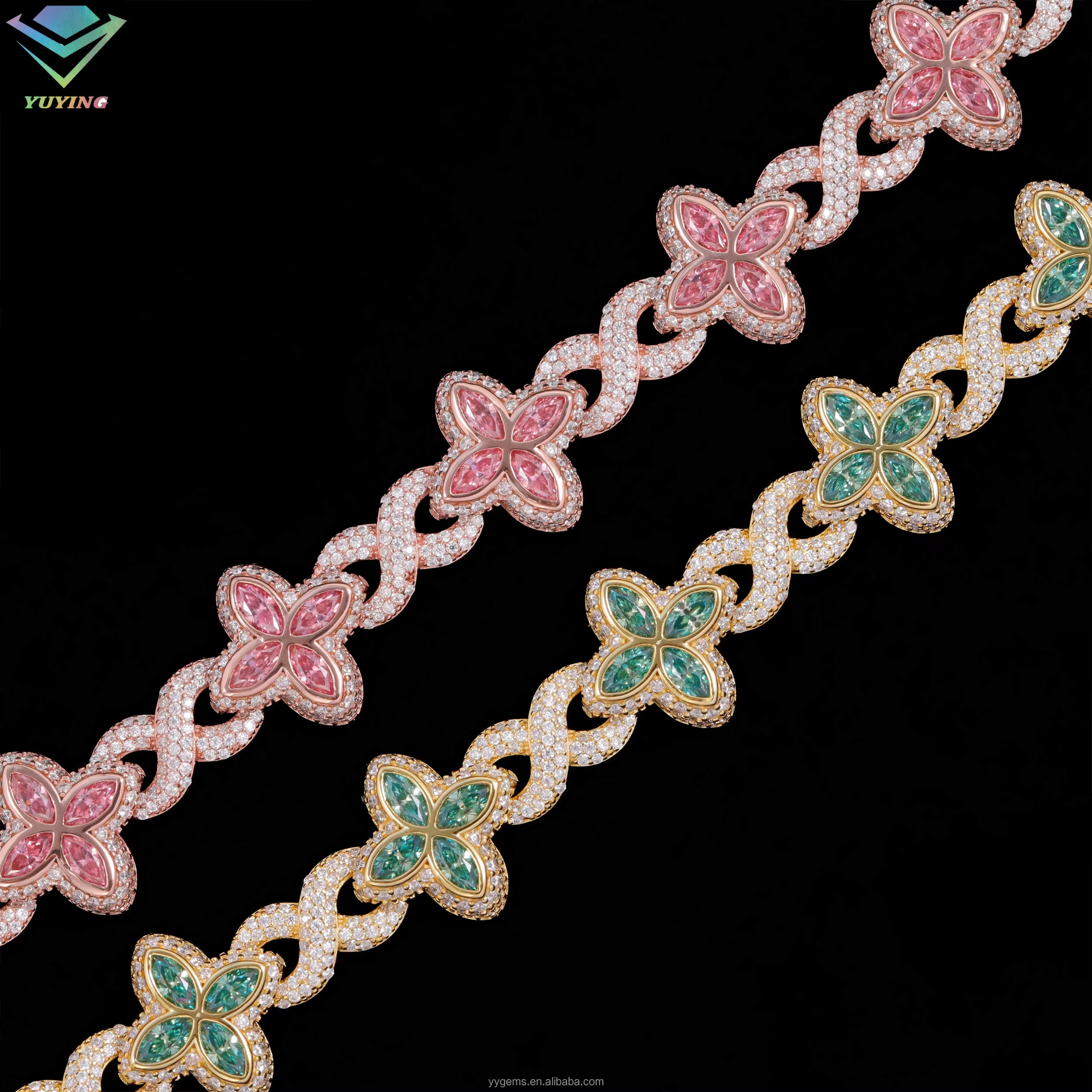 Moissanite Jewelry Clover Bracelet Green Pink Diamond S925 Silver Gold Plated Cuban Moissanite Bracelet With GRA Certificate