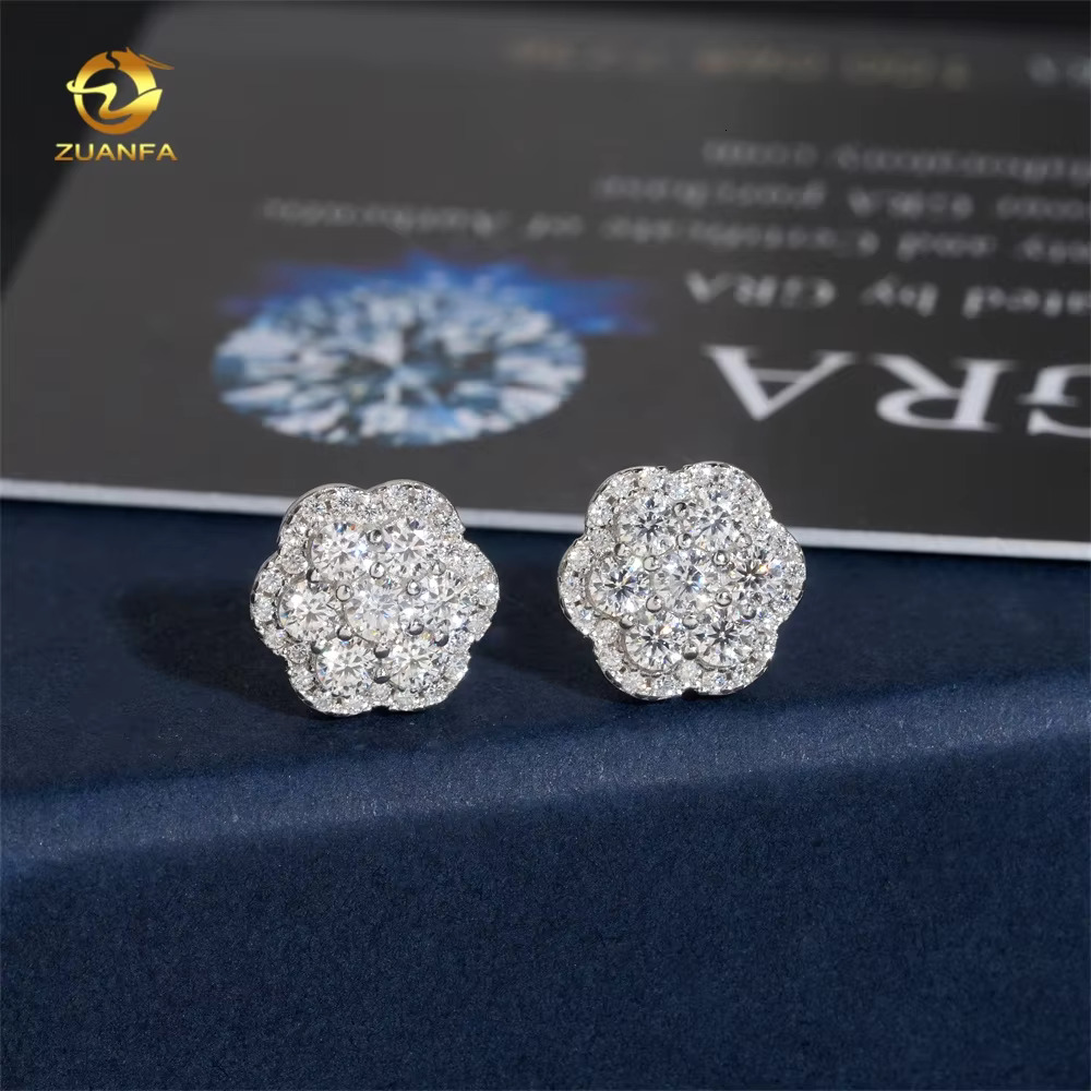 Hot Sale High Quality Cheap Price Hip Hop Style Iced Out 925 Silver Flower Cluster Men Moissanite Earrings