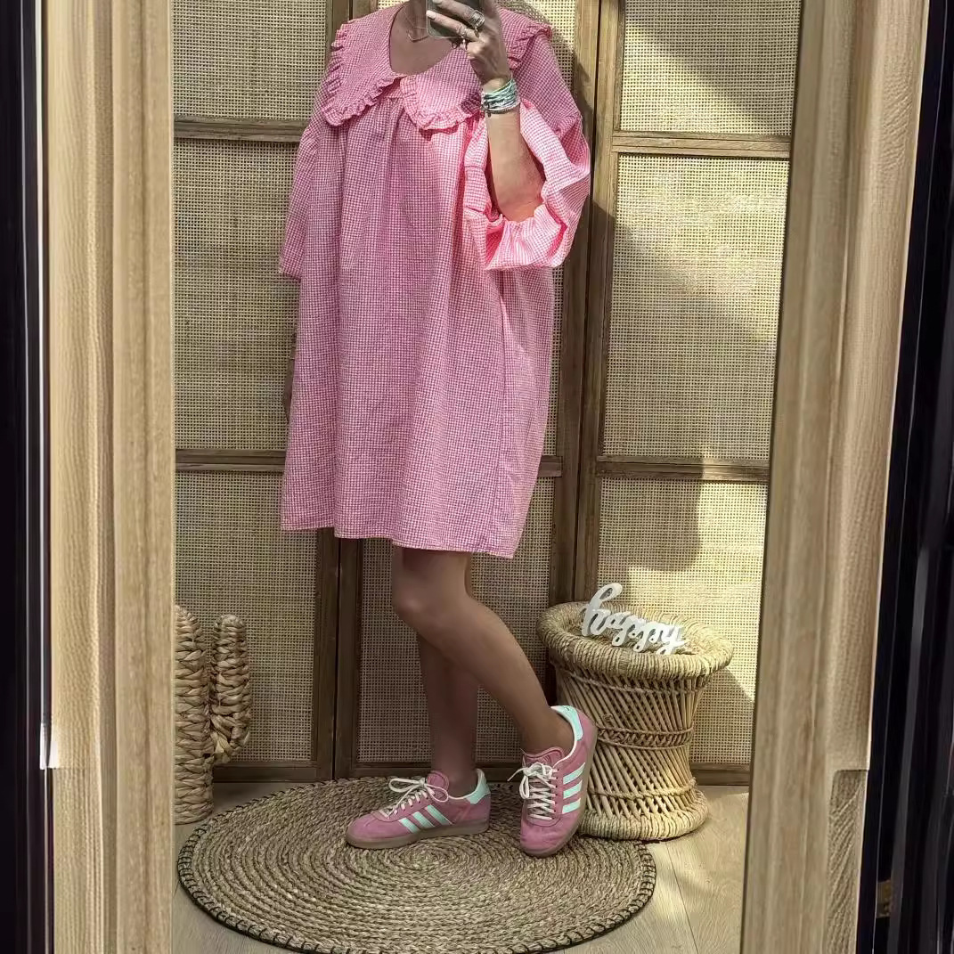 Women Spring Y2K Aesthetic Gingham Plaid Print Dress Puff Long Sleeve Coquette Loose Dress Vintage A-Line Mini Dress Streetwear 240821