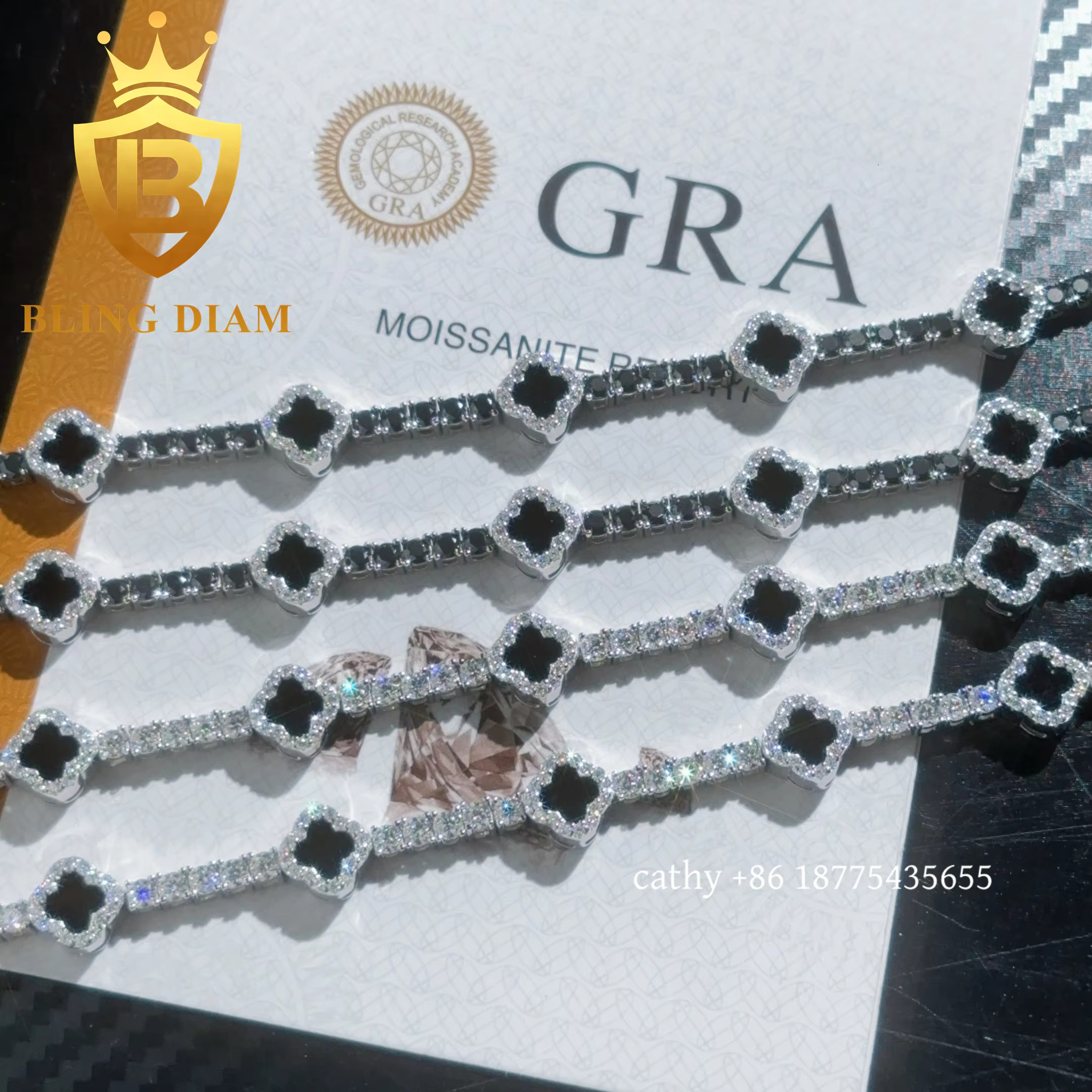 Fashion 3mm Black Clover Moissanite Tennis Chain Bracelet 925 Silver 3mm Moissanite Bracelet Pass Diamond test Hip Hop Bracelet