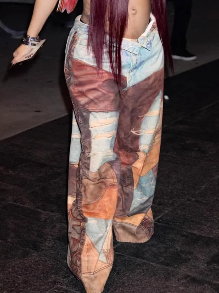 DEAT Fashion Womens Denim Chain Pants PU Leather 3D Printing Patchwork ne Wide Leg Ripped Jeans Spring 2025 7AB6843 250305